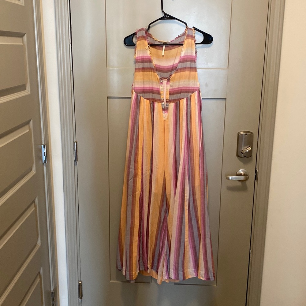 Free People Striped Sleeveless Jumpsuit in Pink, Yellow, Cream